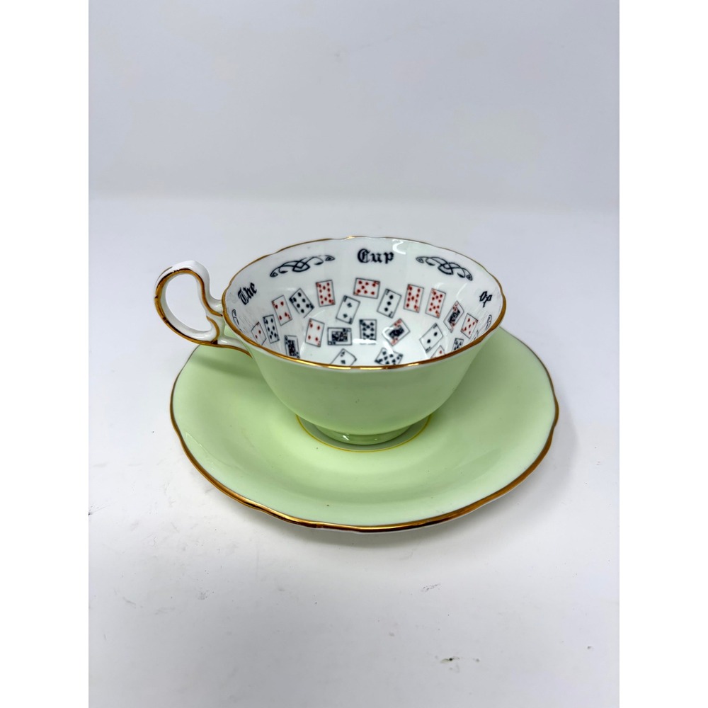 Aynsley England Cup of Knowledge Tea Cup Saucer Set Green Playing Cards Vintage
